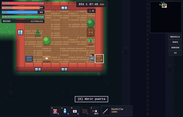 Último Refugio: personaje dentro de una casa de noche, con HUD de supervivencia